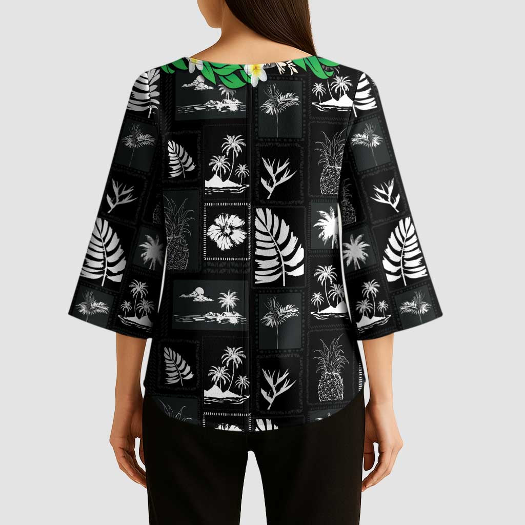 Aloha Hawaii Tuberose Lei Kimono Sleeve Blouse Tropical Vibes Black Color - Polynesian Pride