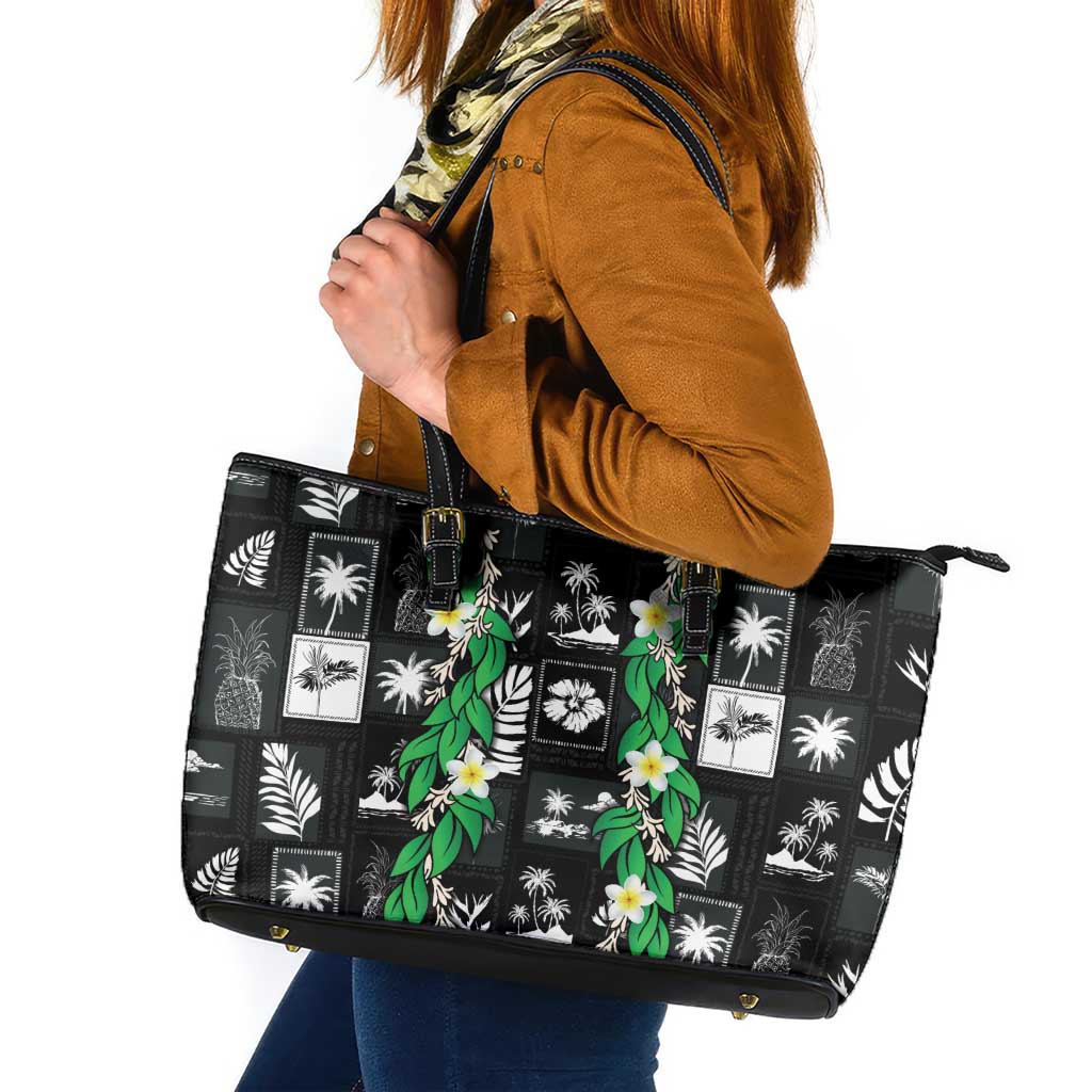 Aloha Hawaii Tuberose Lei Leather Tote Bag Tropical Vibes Black Color LT14 Black - Polynesian Pride