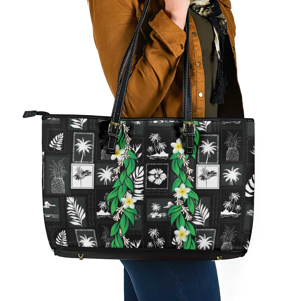 Aloha Hawaii Tuberose Lei Leather Tote Bag Tropical Vibes Black Color LT14 - Polynesian Pride