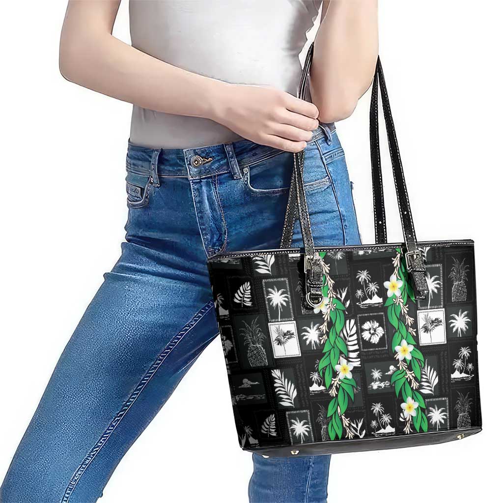 Aloha Hawaii Tuberose Lei Leather Tote Bag Tropical Vibes Black Color LT14 - Polynesian Pride