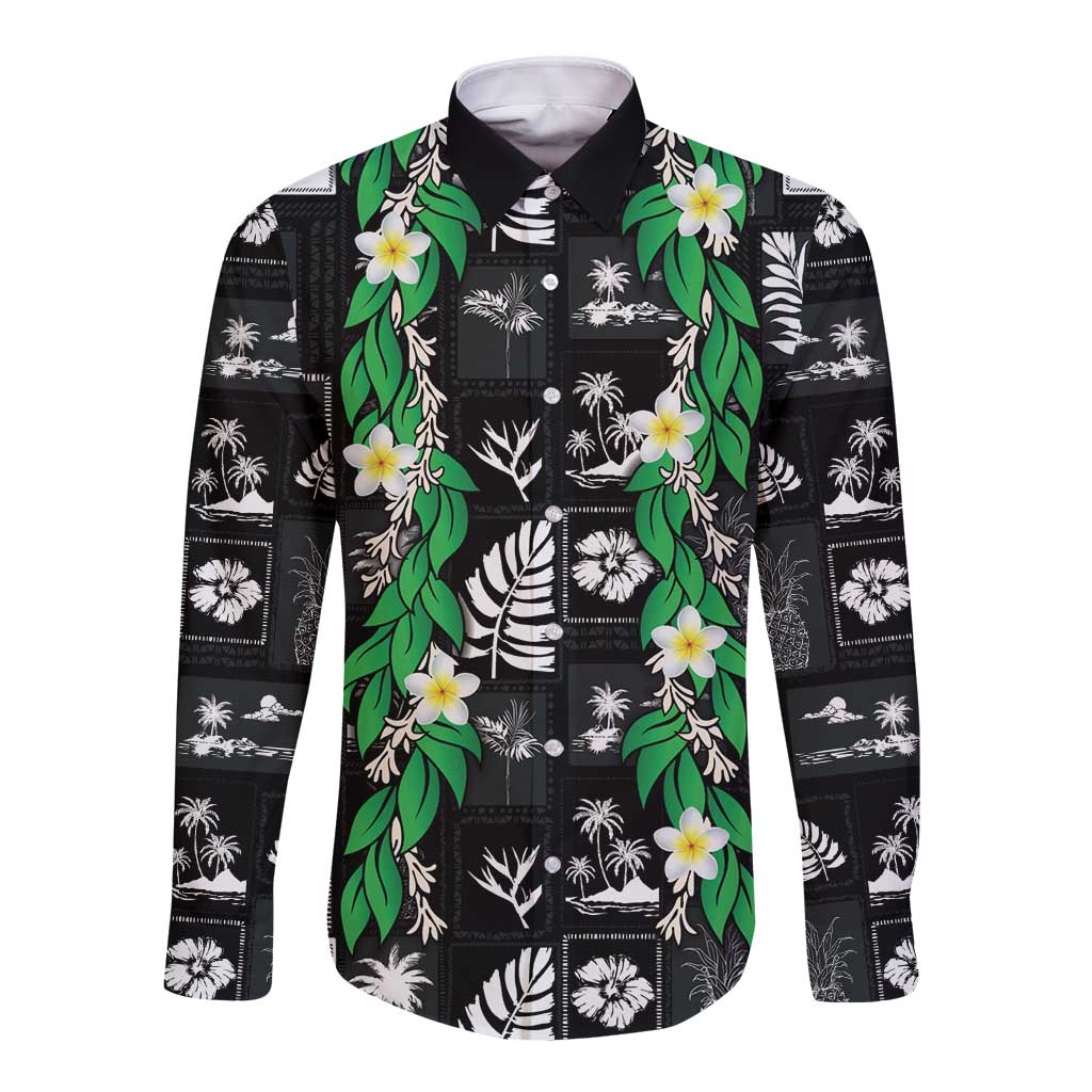 Aloha Hawaii Tuberose Lei Long Sleeve Button Shirt Tropical Vibes Black Color LT14 Unisex Black - Polynesian Pride