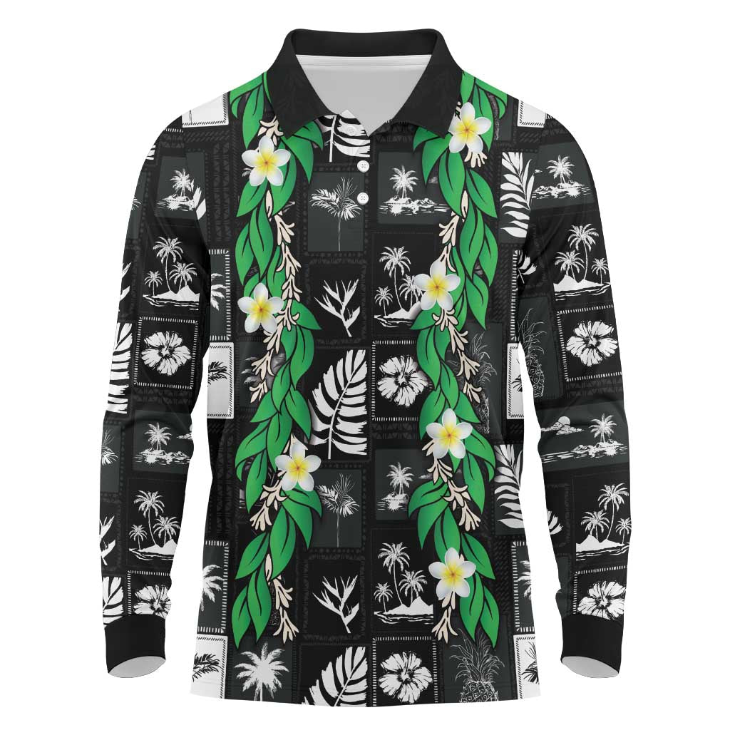 Aloha Hawaii Tuberose Lei Long Sleeve Polo Shirt Tropical Vibes Black Color LT14 Black - Polynesian Pride