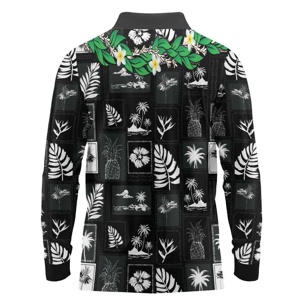 Aloha Hawaii Tuberose Lei Long Sleeve Polo Shirt Tropical Vibes Black Color LT14 - Polynesian Pride
