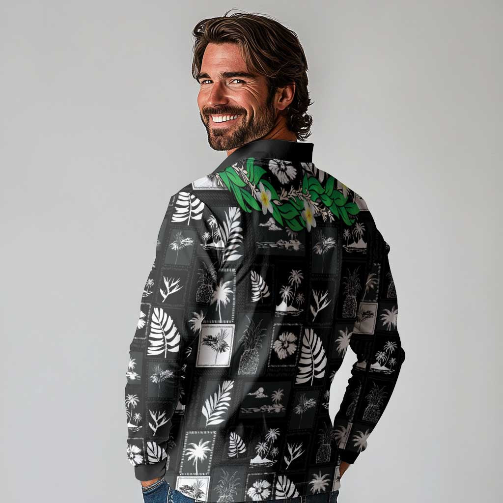 Aloha Hawaii Tuberose Lei Long Sleeve Polo Shirt Tropical Vibes Black Color LT14 - Polynesian Pride