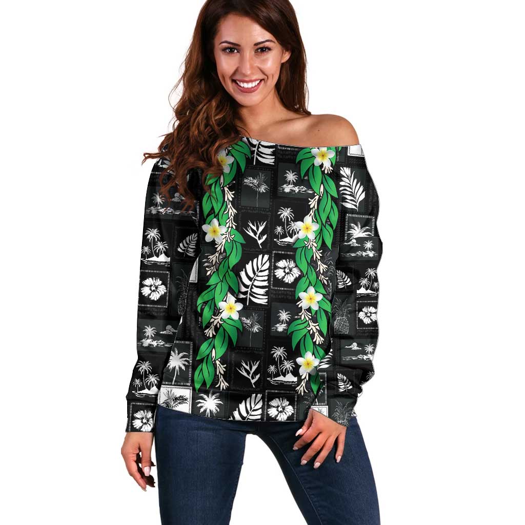 Aloha Hawaii Tuberose Lei Off Shoulder Sweater Tropical Vibes Black Color - Polynesian Pride