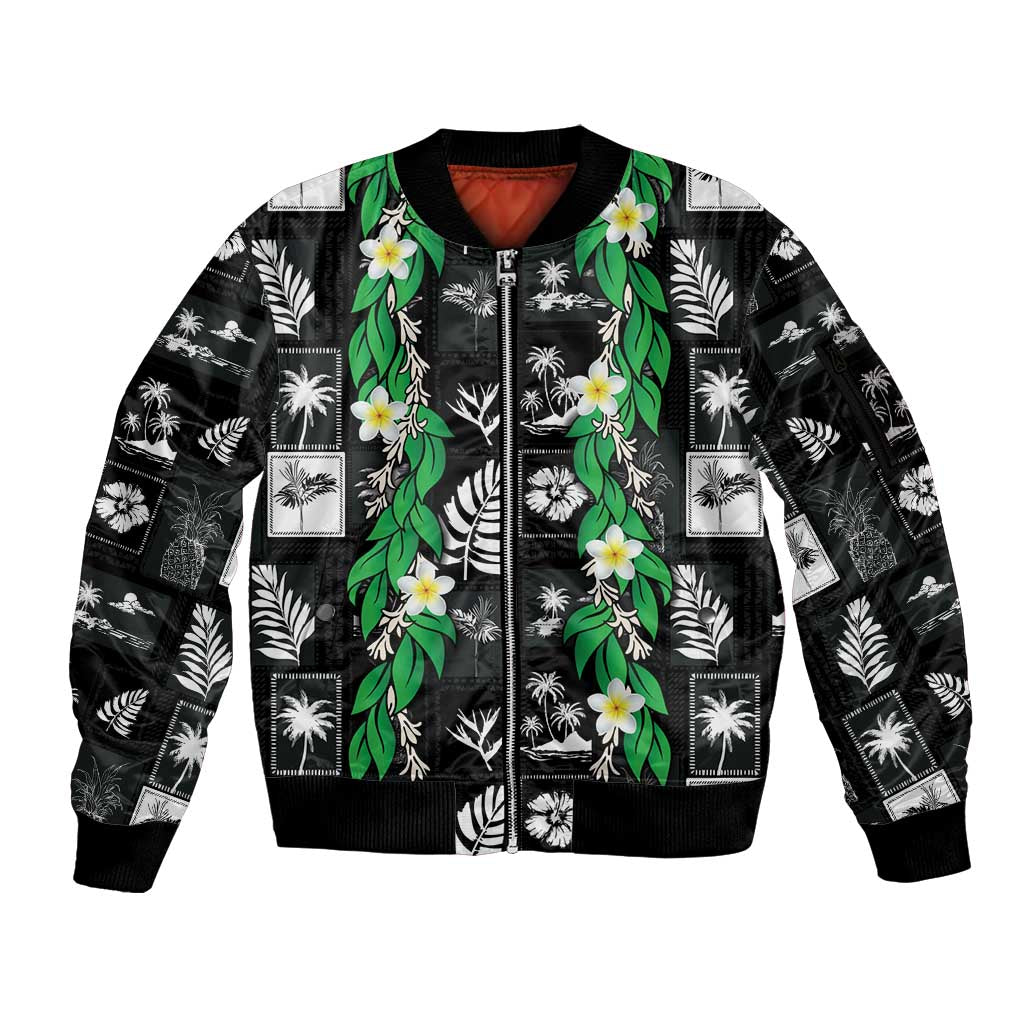 Aloha Hawaii Tuberose Lei Sleeve Zip Bomber Jacket Tropical Vibes Black Color LT14 Unisex Black - Polynesian Pride