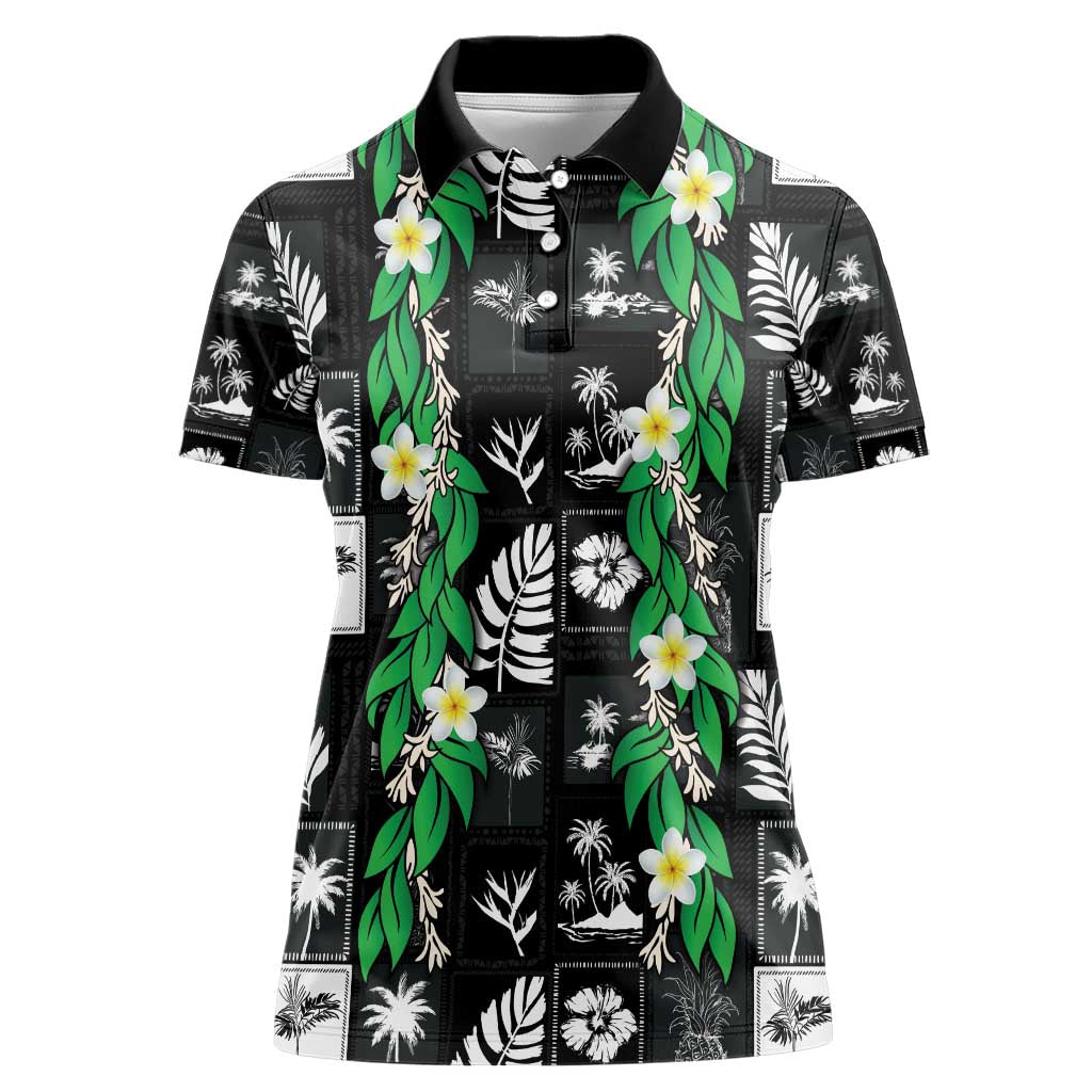 Aloha Hawaii Tuberose Lei Women Polo Shirt Tropical Vibes Black Color - Polynesian Pride
