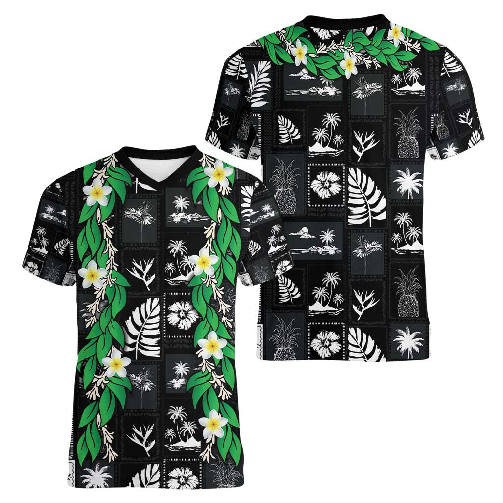 Aloha Hawaii Tuberose Lei Women V-Neck T-Shirt Tropical Vibes Black Color - Polynesian Pride