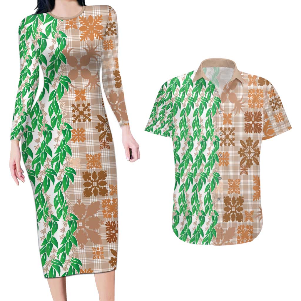 Aloha Hawaii Palaka Tuberose Lei Couples Matching Long Sleeve Bodycon Dress and Hawaiian Shirt Hawaiian Quilt Seamless Style - Polynesian Pride