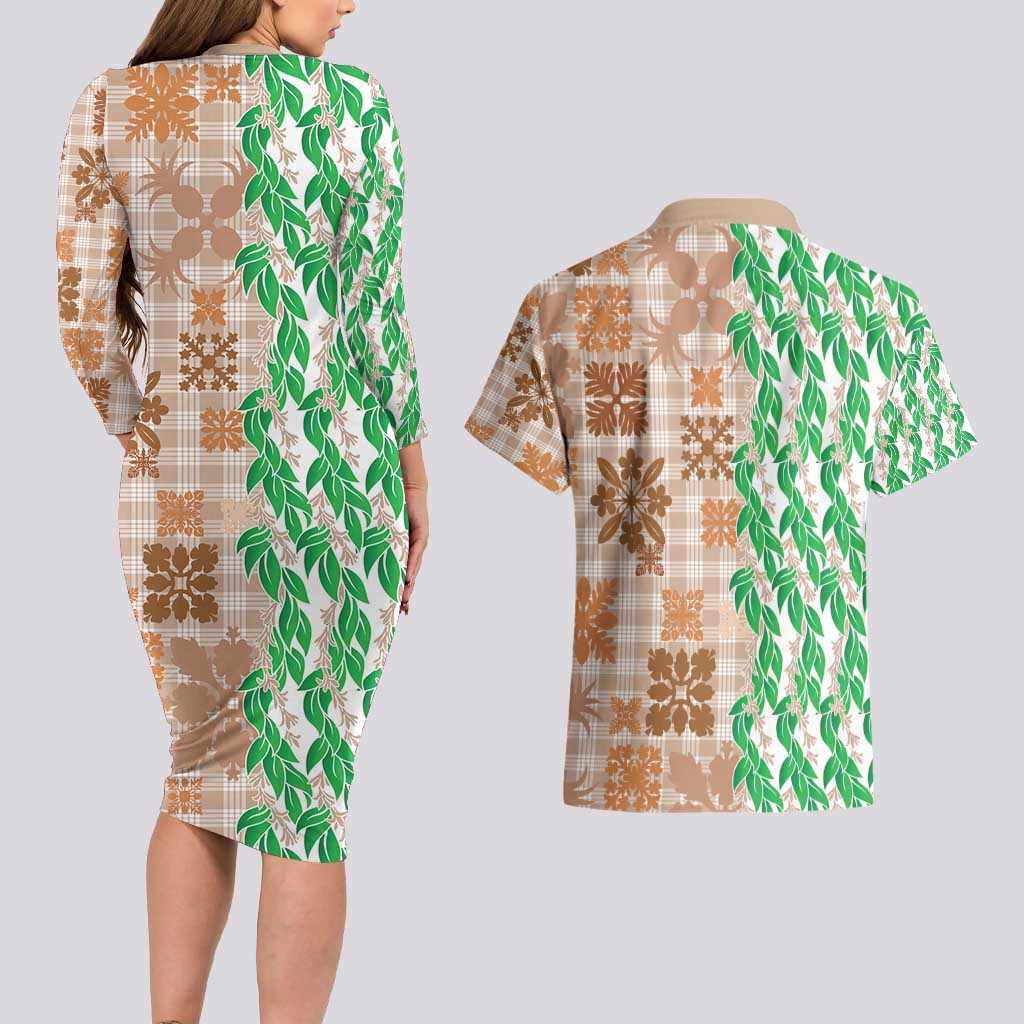 Aloha Hawaii Palaka Tuberose Lei Couples Matching Long Sleeve Bodycon Dress and Hawaiian Shirt Hawaiian Quilt Seamless Style - Polynesian Pride