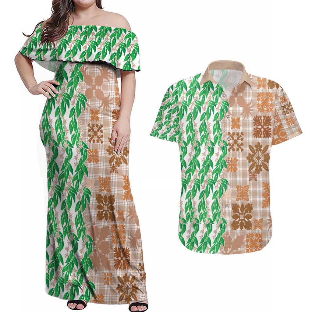 Aloha Hawaii Palaka Tuberose Lei Couples Matching Off Shoulder Maxi Dress and Hawaiian Shirt Hawaiian Quilt Seamless Style - Polynesian Pride