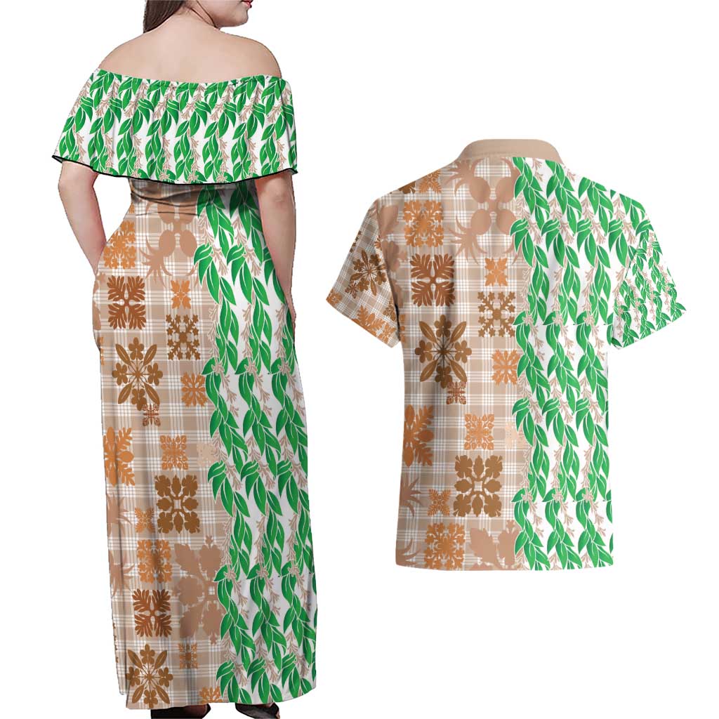 Aloha Hawaii Palaka Tuberose Lei Couples Matching Off Shoulder Maxi Dress and Hawaiian Shirt Hawaiian Quilt Seamless Style - Polynesian Pride