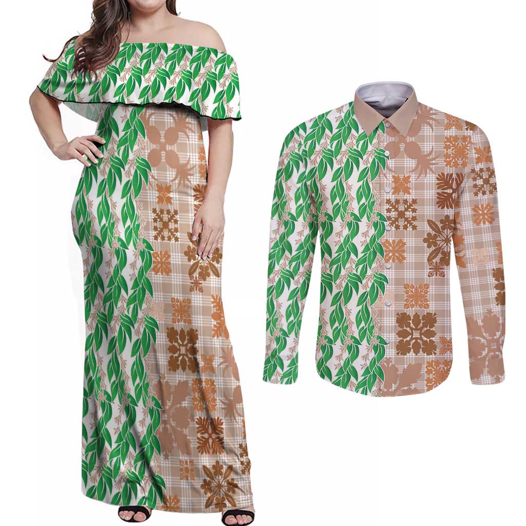 Aloha Hawaii Palaka Tuberose Lei Couples Matching Off Shoulder Maxi Dress and Long Sleeve Button Shirt Hawaiian Quilt Seamless Style - Polynesian Pride
