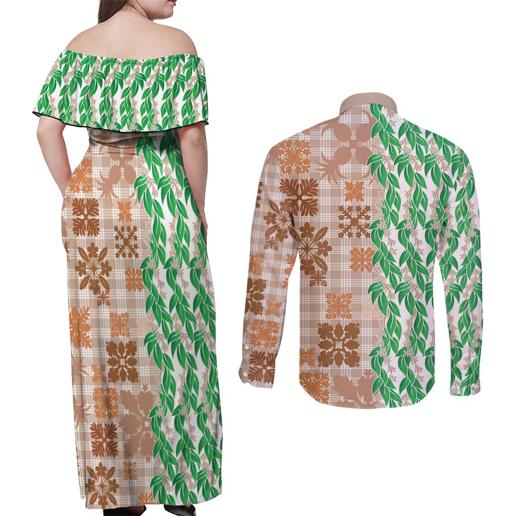 Aloha Hawaii Palaka Tuberose Lei Couples Matching Off Shoulder Maxi Dress and Long Sleeve Button Shirt Hawaiian Quilt Seamless Style - Polynesian Pride