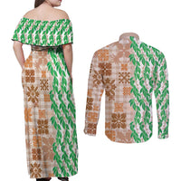 Aloha Hawaii Palaka Tuberose Lei Couples Matching Off Shoulder Maxi Dress and Long Sleeve Button Shirt Hawaiian Quilt Seamless Style - Polynesian Pride