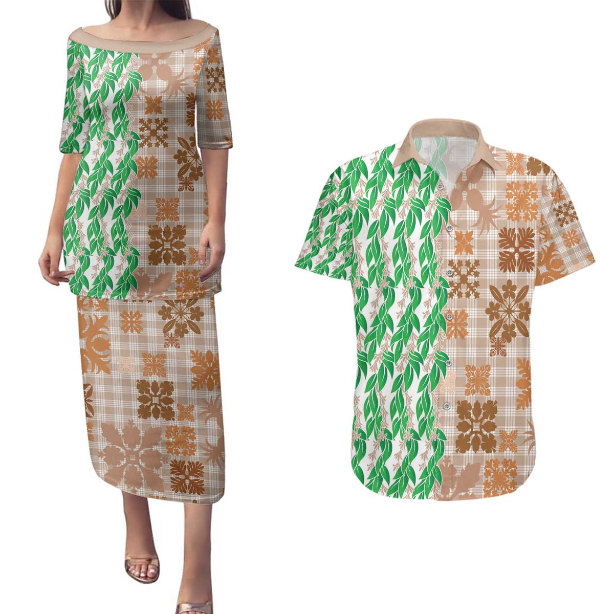 Aloha Hawaii Palaka Tuberose Lei Couples Matching Puletasi and Hawaiian Shirt Hawaiian Quilt Seamless Style - Polynesian Pride