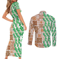 Aloha Hawaii Palaka Tuberose Lei Couples Matching Short Sleeve Bodycon Dress and Long Sleeve Button Shirt Hawaiian Quilt Seamless Style - Polynesian Pride