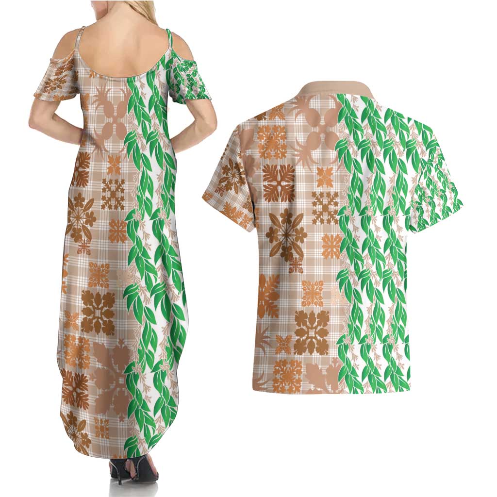 Aloha Hawaii Palaka Tuberose Lei Couples Matching Summer Maxi Dress and Hawaiian Shirt Hawaiian Quilt Seamless Style - Polynesian Pride