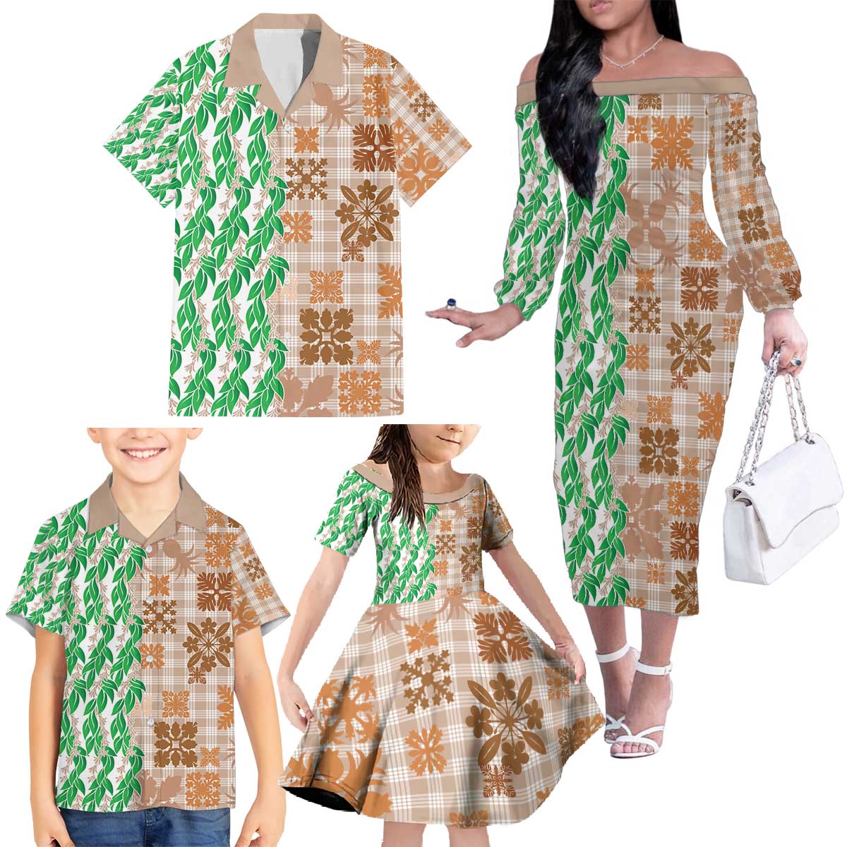 Aloha Hawaii Palaka Tuberose Lei Family Matching Off The Shoulder Long Sleeve Dress and Hawaiian Shirt Hawaiian Quilt Seamless Style - Polynesian Pride