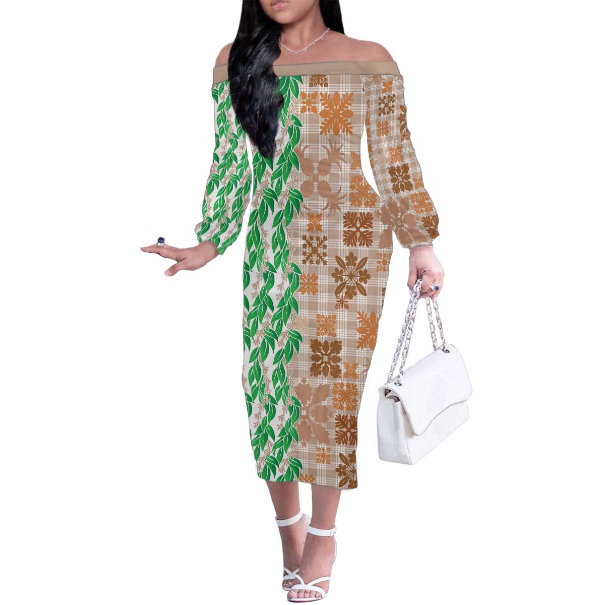 Aloha Hawaii Palaka Tuberose Lei Family Matching Off The Shoulder Long Sleeve Dress and Hawaiian Shirt Hawaiian Quilt Seamless Style - Polynesian Pride