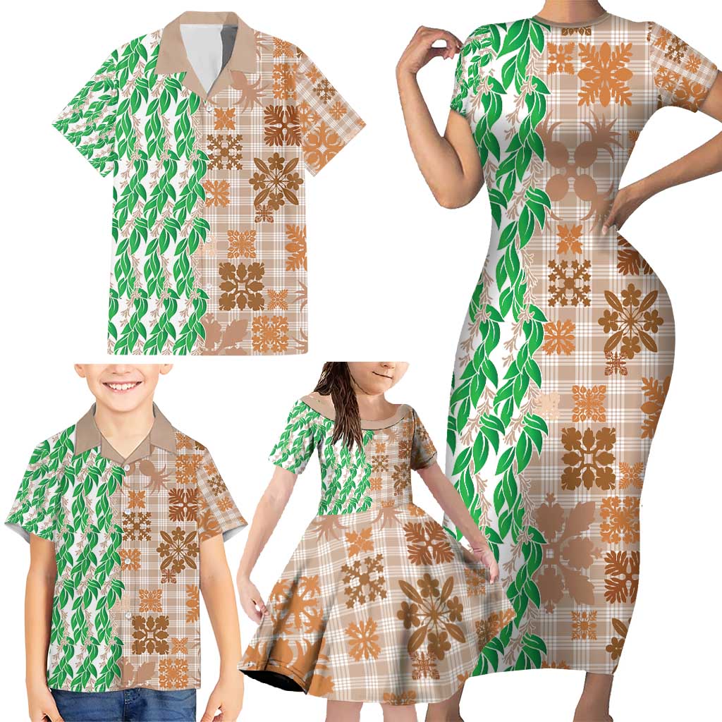 Aloha Hawaii Palaka Tuberose Lei Family Matching Short Sleeve Bodycon Dress and Hawaiian Shirt Hawaiian Quilt Seamless Style - Polynesian Pride
