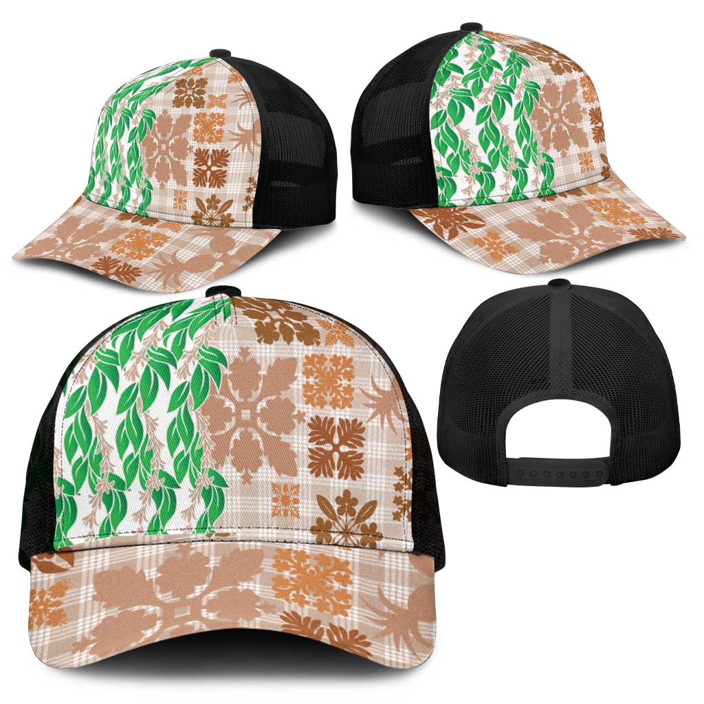 Aloha Hawaii Palaka Tuberose Lei Mesh Trucker Cap Hawaiian Quilt Seamless Style - Polynesian Pride