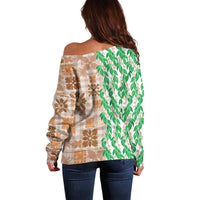 Aloha Hawaii Palaka Tuberose Lei Off Shoulder Sweater Hawaiian Quilt Seamless Style - Polynesian Pride