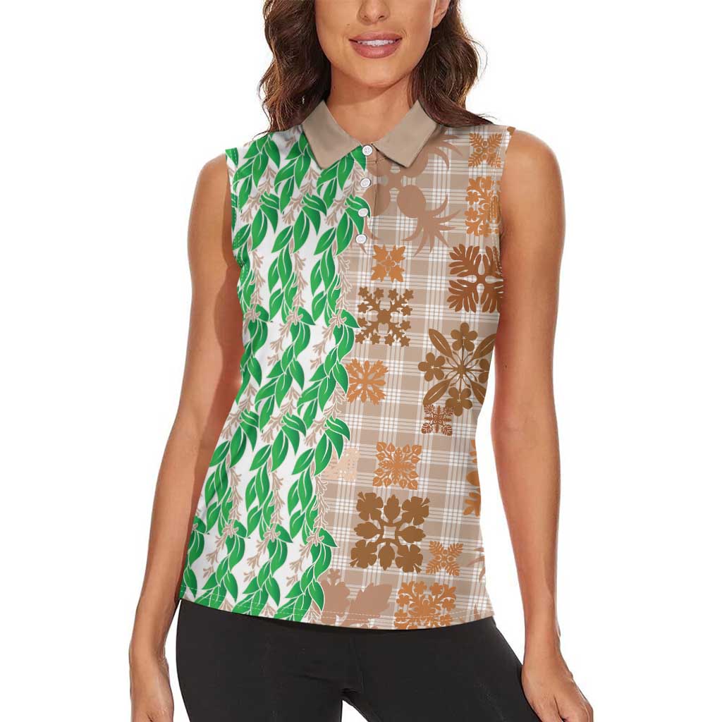 Aloha Hawaii Palaka Tuberose Lei Women Sleeveless Polo Shirt Hawaiian Quilt Seamless Style - Polynesian Pride