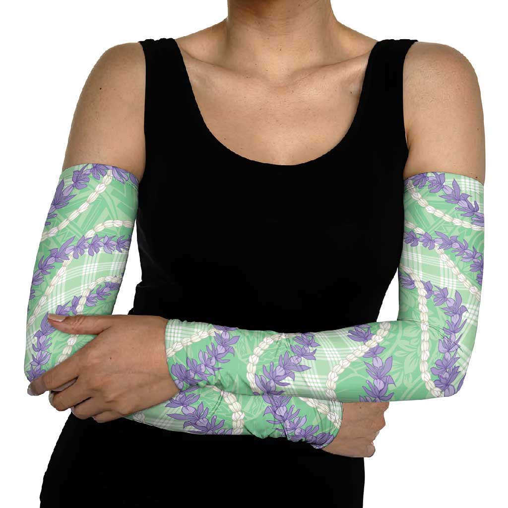 Pastel Green Hawaii Palaka Honohono Pikake Arm Sleeves Hawaiian Orchid Lei Polynesian Pattern - Polynesian Pride