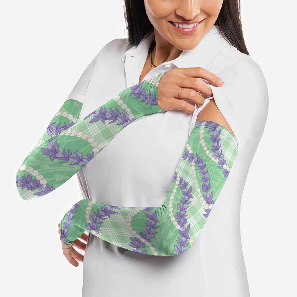 Pastel Green Hawaii Palaka Honohono Pikake Arm Sleeves Hawaiian Orchid Lei Polynesian Pattern - Polynesian Pride