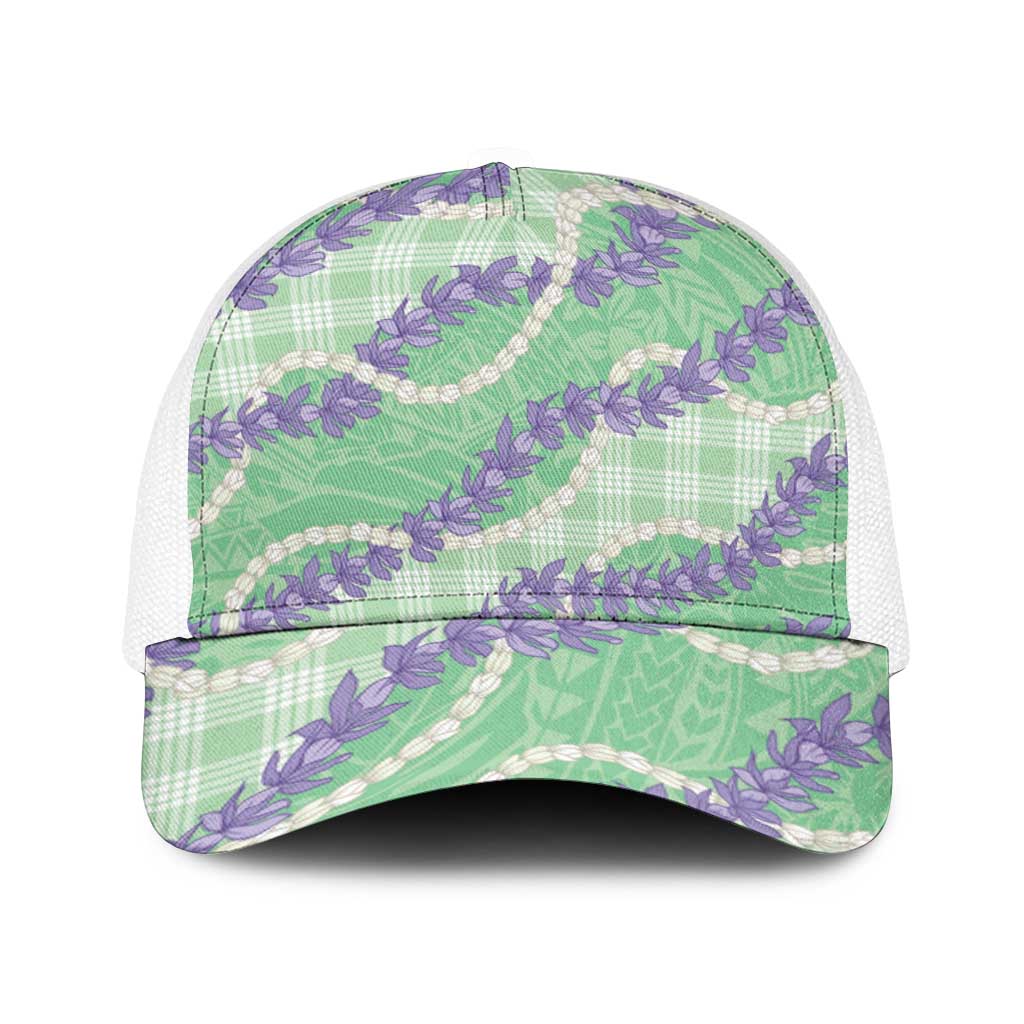 Pastel Green Hawaii Palaka Honohono Pikake Baseball Net Cap Hawaiian Orchid Lei Polynesian Pattern - Polynesian Pride