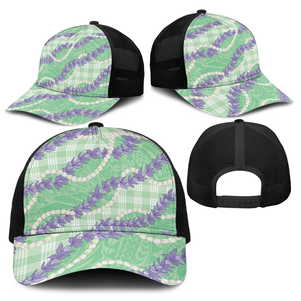Pastel Green Hawaii Palaka Honohono Pikake Baseball Net Cap Hawaiian Orchid Lei Polynesian Pattern - Polynesian Pride