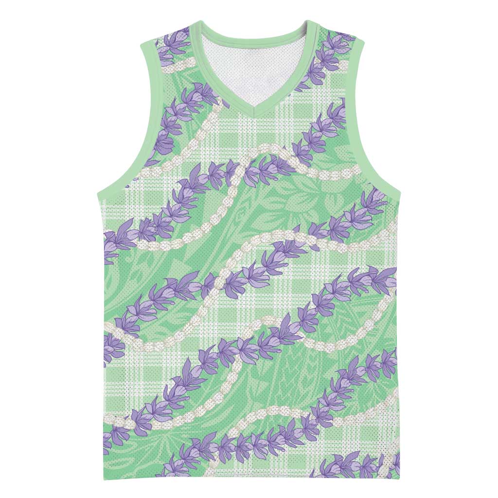 Pastel Green Hawaii Palaka Honohono Pikake Basketball Jersey Hawaiian Orchid Lei Polynesian Pattern - Polynesian Pride