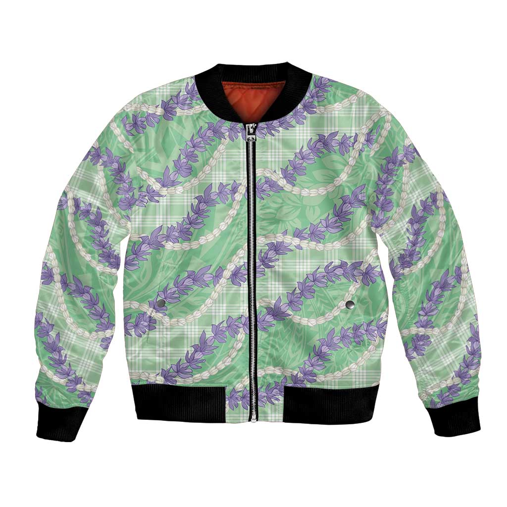 Pastel Green Hawaii Palaka Honohono Pikake Bomber Jacket Hawaiian Orchid Lei Polynesian Pattern - Polynesian Pride