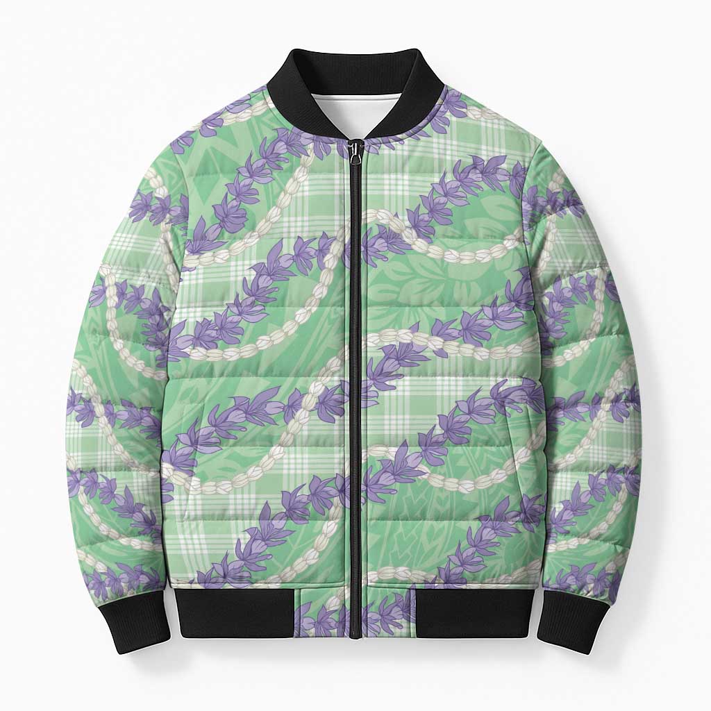 Pastel Green Hawaii Palaka Honohono Pikake Bomber Puffer Jacket Hawaiian Orchid Lei Polynesian Pattern - Polynesian Pride