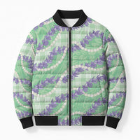 Pastel Green Hawaii Palaka Honohono Pikake Bomber Puffer Jacket Hawaiian Orchid Lei Polynesian Pattern - Polynesian Pride
