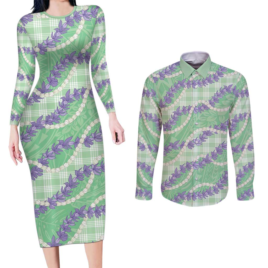 Pastel Green Hawaii Palaka Honohono Pikake Couples Matching Long Sleeve Bodycon Dress and Long Sleeve Button Shirt Hawaiian Orchid Lei Polynesian Pattern - Polynesian Pride