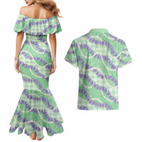 Pastel Green Hawaii Palaka Honohono Pikake Couples Matching Mermaid Dress and Hawaiian Shirt Hawaiian Orchid Lei Polynesian Pattern - Polynesian Pride