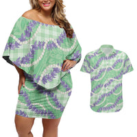 Pastel Green Hawaii Palaka Honohono Pikake Couples Matching Off Shoulder Short Dress and Hawaiian Shirt Hawaiian Orchid Lei Polynesian Pattern - Polynesian Pride