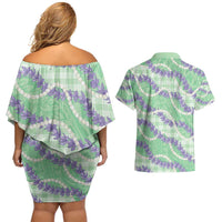 Pastel Green Hawaii Palaka Honohono Pikake Couples Matching Off Shoulder Short Dress and Hawaiian Shirt Hawaiian Orchid Lei Polynesian Pattern - Polynesian Pride