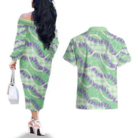 Pastel Green Hawaii Palaka Honohono Pikake Couples Matching Off The Shoulder Long Sleeve Dress and Hawaiian Shirt Hawaiian Orchid Lei Polynesian Pattern - Polynesian Pride