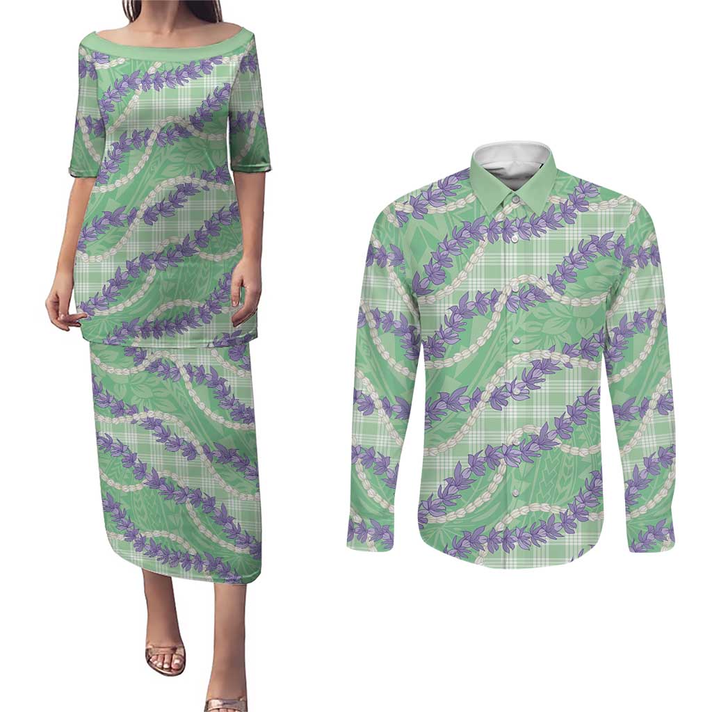 Pastel Green Hawaii Palaka Honohono Pikake Couples Matching Puletasi and Long Sleeve Button Shirt Hawaiian Orchid Lei Polynesian Pattern LT14 Pastel Green - Polynesian Pride