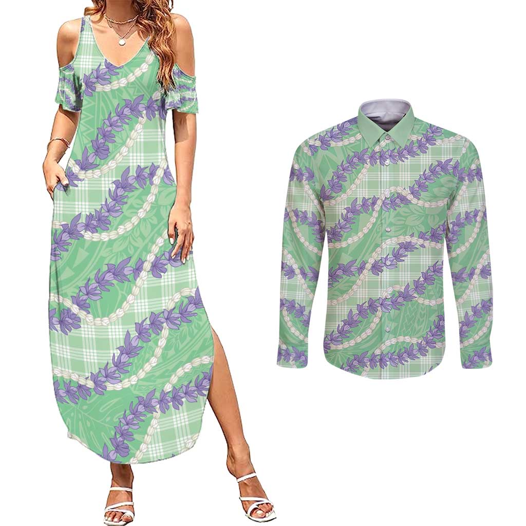 Pastel Green Hawaii Palaka Honohono Pikake Couples Matching Summer Maxi Dress and Long Sleeve Button Shirt Hawaiian Orchid Lei Polynesian Pattern - Polynesian Pride