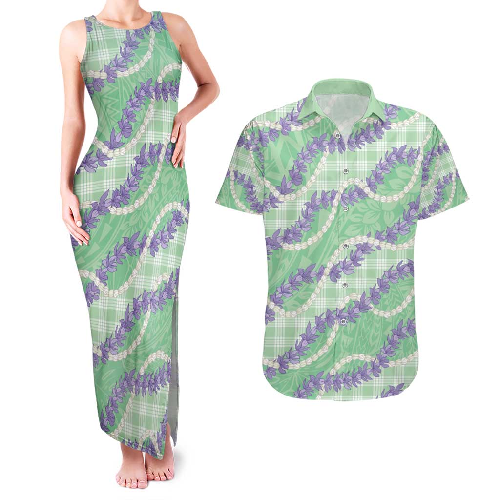 Pastel Green Hawaii Palaka Honohono Pikake Couples Matching Tank Maxi Dress and Hawaiian Shirt Hawaiian Orchid Lei Polynesian Pattern - Polynesian Pride