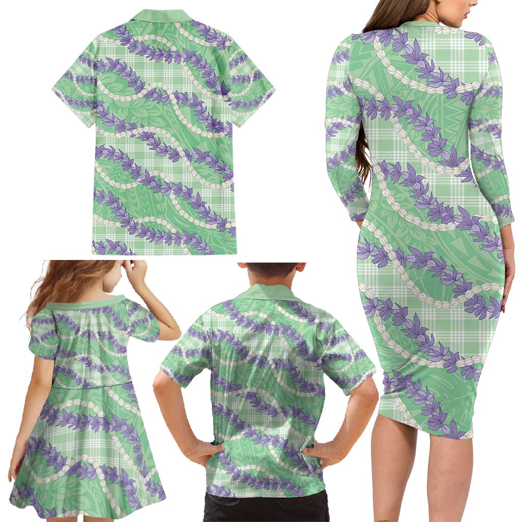 Pastel Green Hawaii Palaka Honohono Pikake Family Matching Long Sleeve Bodycon Dress and Hawaiian Shirt Hawaiian Orchid Lei Polynesian Pattern - Polynesian Pride