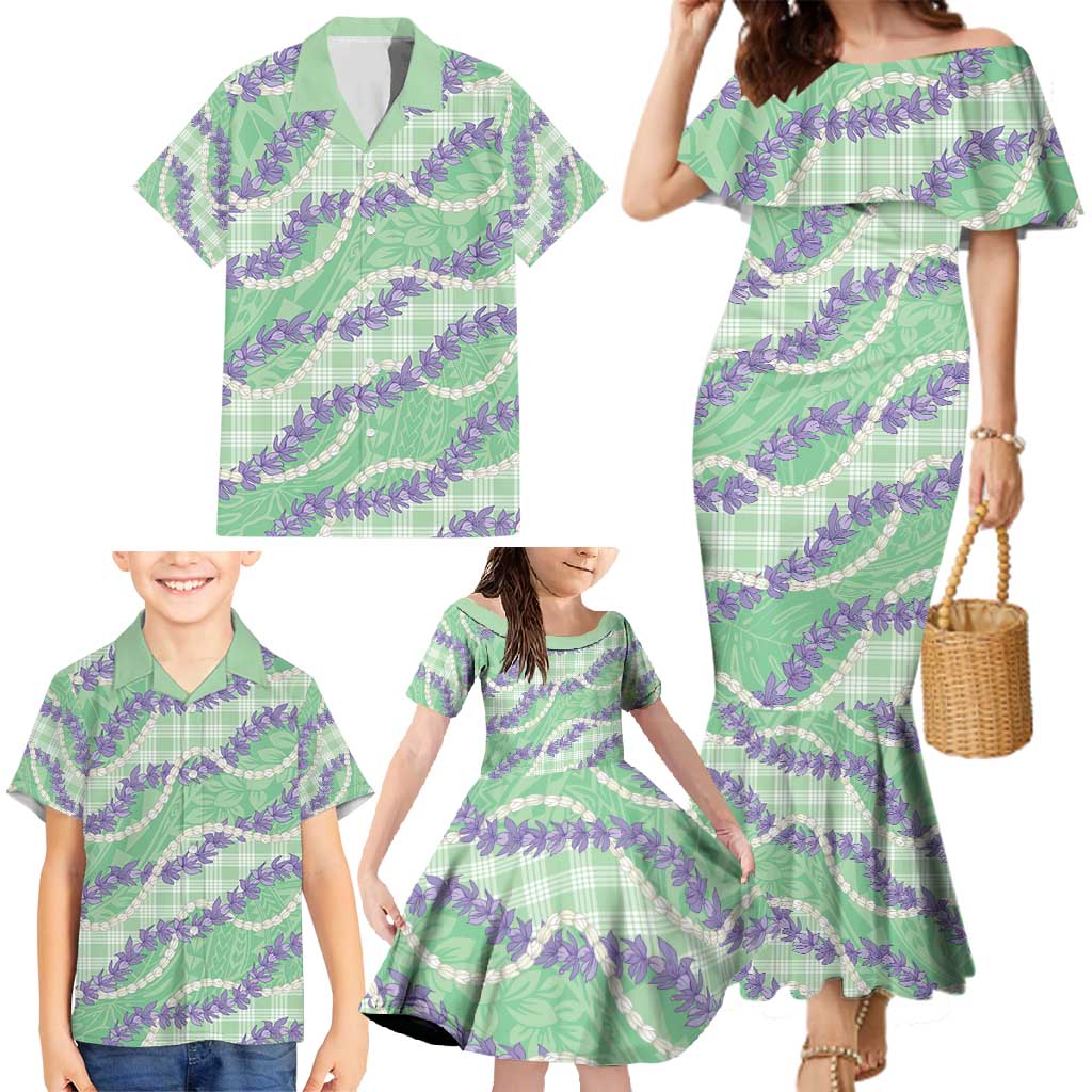 Pastel Green Hawaii Palaka Honohono Pikake Family Matching Mermaid Dress and Hawaiian Shirt Hawaiian Orchid Lei Polynesian Pattern - Polynesian Pride