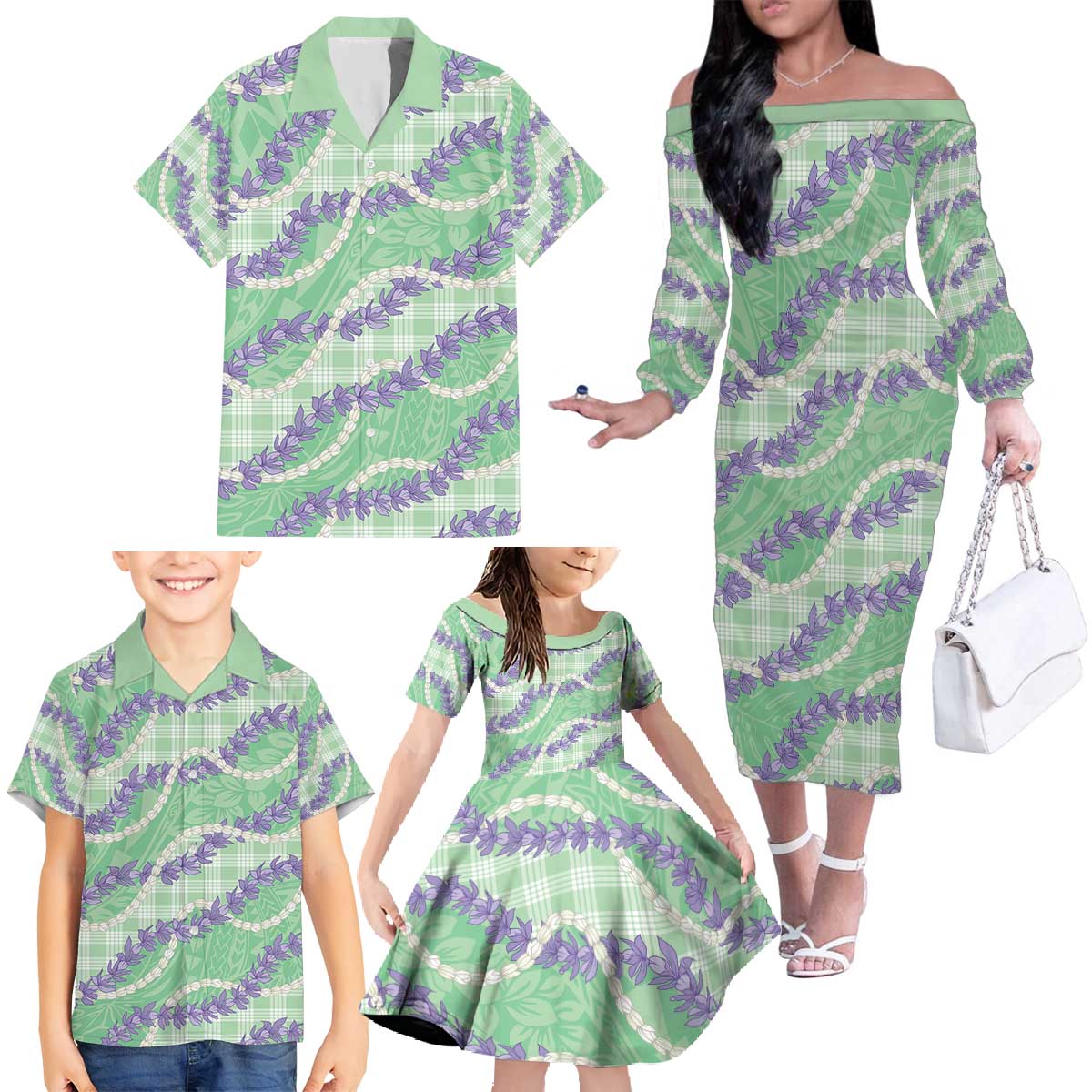 Pastel Green Hawaii Palaka Honohono Pikake Family Matching Off The Shoulder Long Sleeve Dress and Hawaiian Shirt Hawaiian Orchid Lei Polynesian Pattern - Polynesian Pride