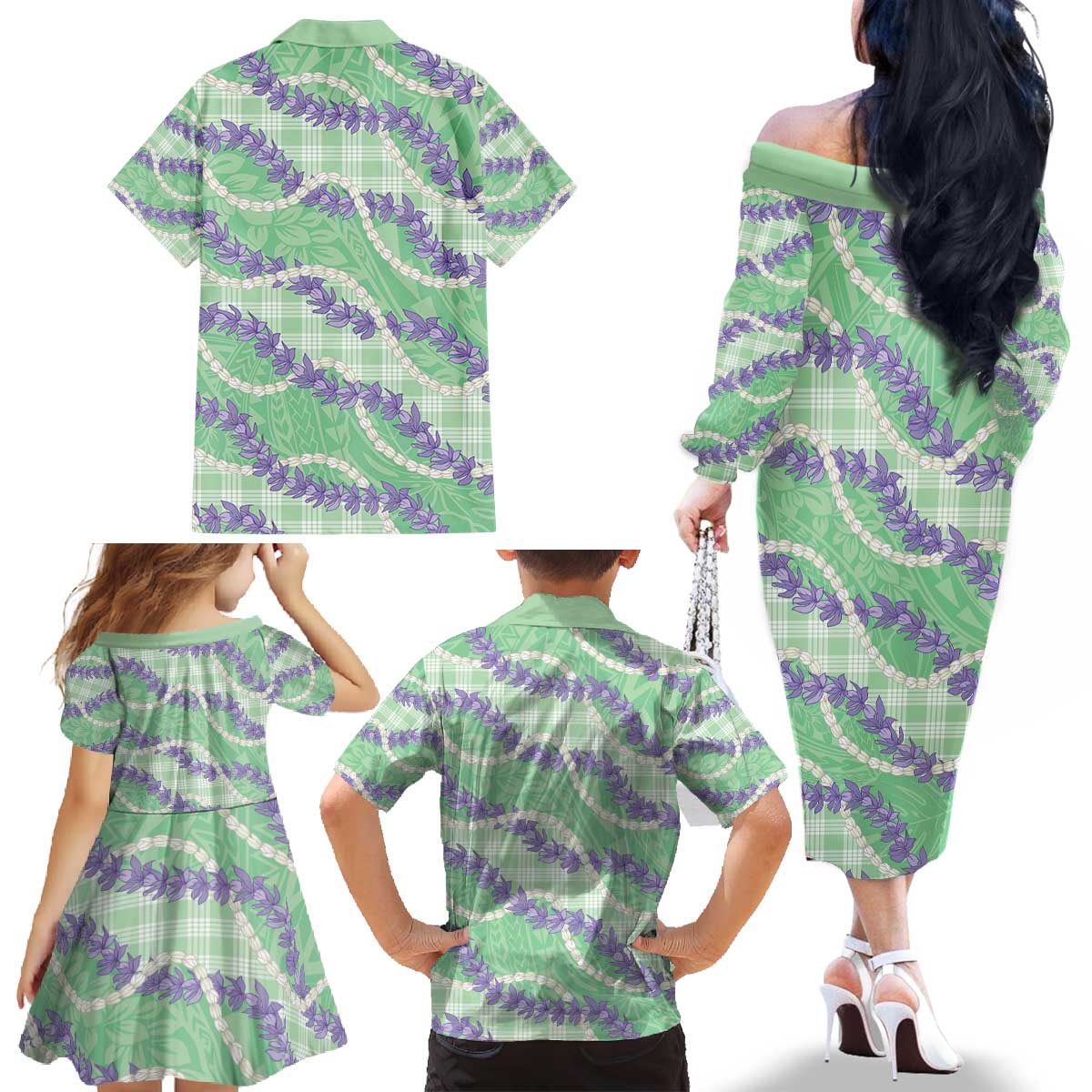 Pastel Green Hawaii Palaka Honohono Pikake Family Matching Off The Shoulder Long Sleeve Dress and Hawaiian Shirt Hawaiian Orchid Lei Polynesian Pattern - Polynesian Pride