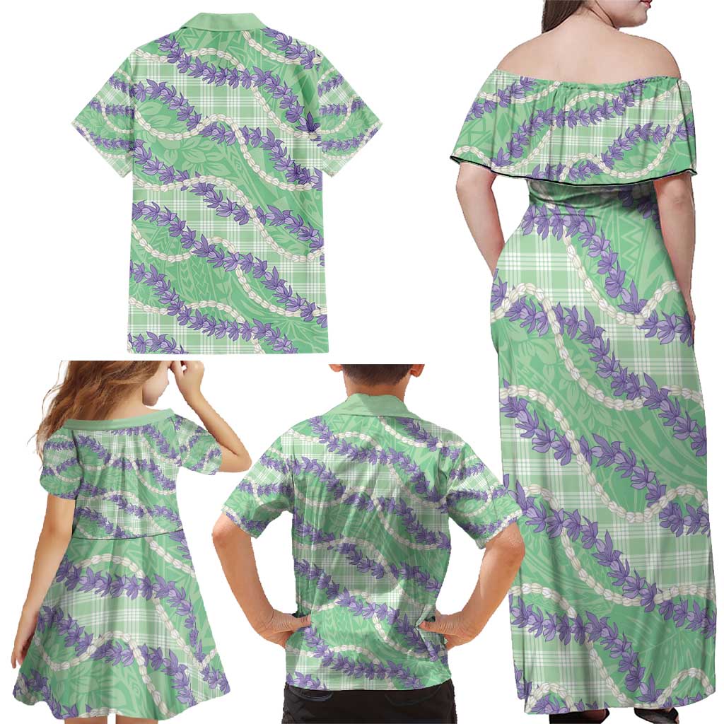 Pastel Green Hawaii Palaka Honohono Pikake Family Matching Off Shoulder Maxi Dress and Hawaiian Shirt Hawaiian Orchid Lei Polynesian Pattern - Polynesian Pride