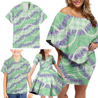 Pastel Green Hawaii Palaka Honohono Pikake Family Matching Off Shoulder Short Dress and Hawaiian Shirt Hawaiian Orchid Lei Polynesian Pattern - Polynesian Pride